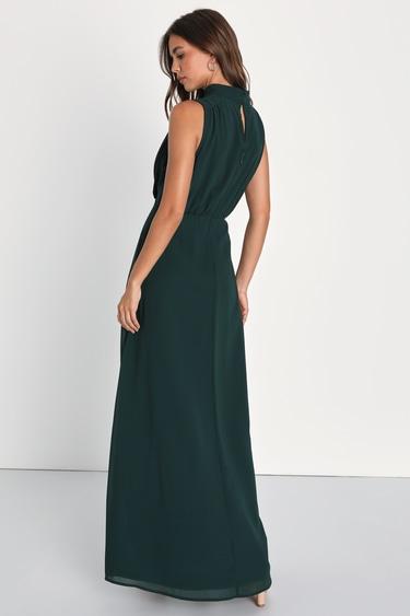 Classic Elegance Emerald Chiffon Sleeveless Mock Neck Maxi Dress Product Image