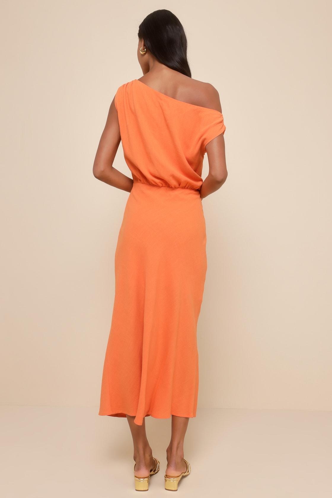Casual Enchantment Orange Linen Off-the-Shoulder Midi Dress Product Image