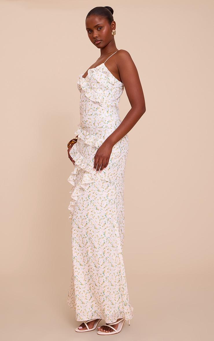 White Ditsy Floral Embroidered Frill Maxi Dress Product Image