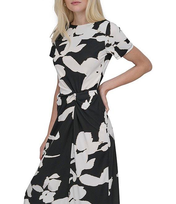 DKNY by Donna Karan Matte Jersey Floral Print Boat Neck Short Sleeve Twist Front Sheath Midi Dress Product Image
