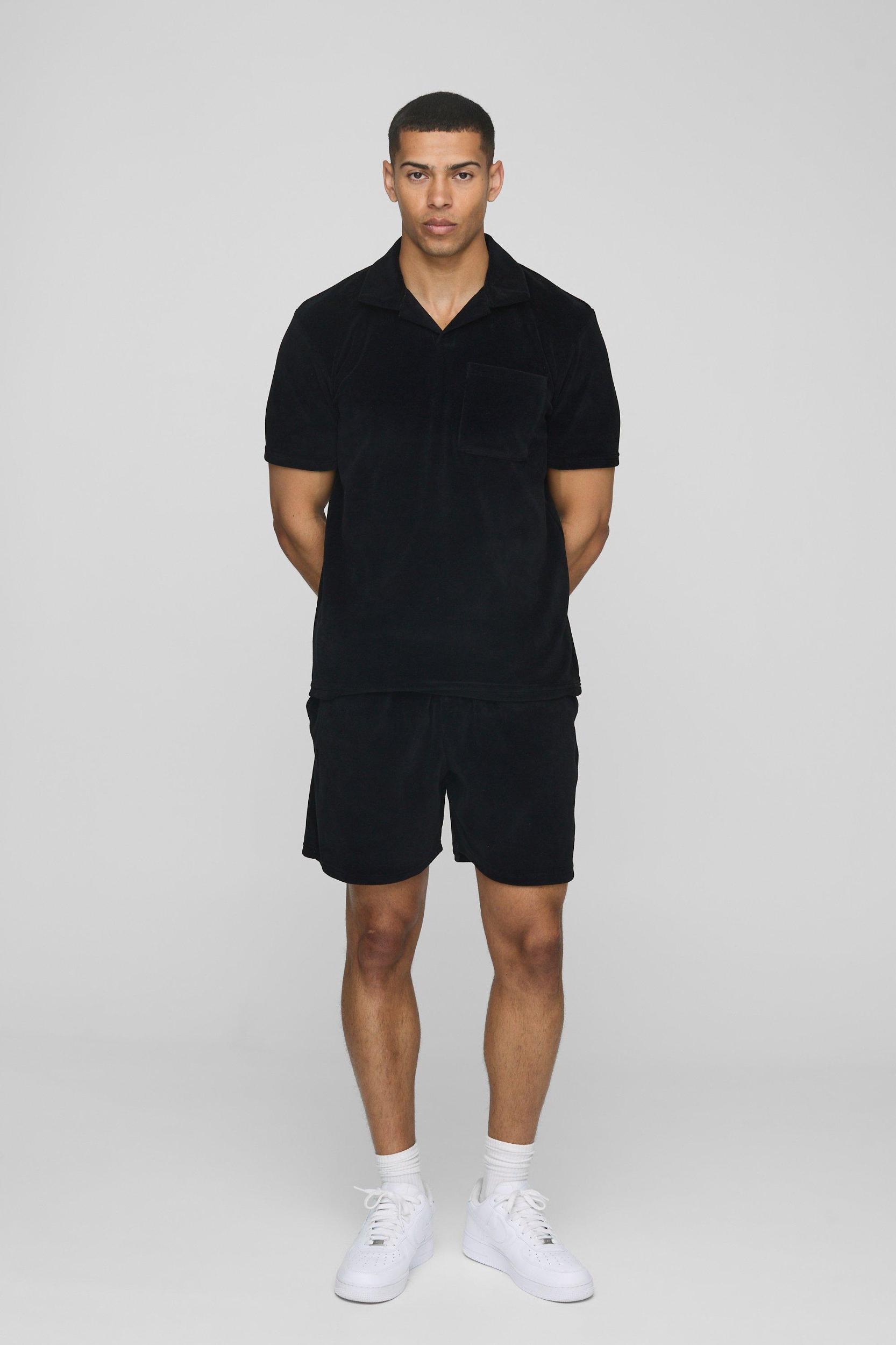 Regular Fit Pocket Detail Short Sleeve Velour Polo Shorts Set | boohooMAN USA Product Image
