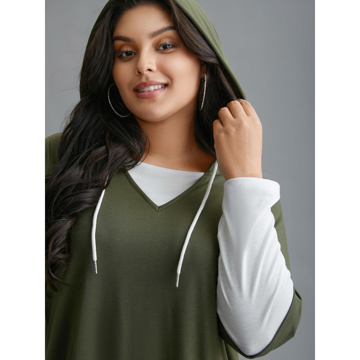 Plus Size Color Contrast Combined Hoodie Shirt ArmyGreen Women Casual Contrast Hooded Loose Everyday T-shirts BloomChic 18-20/2X Product Image