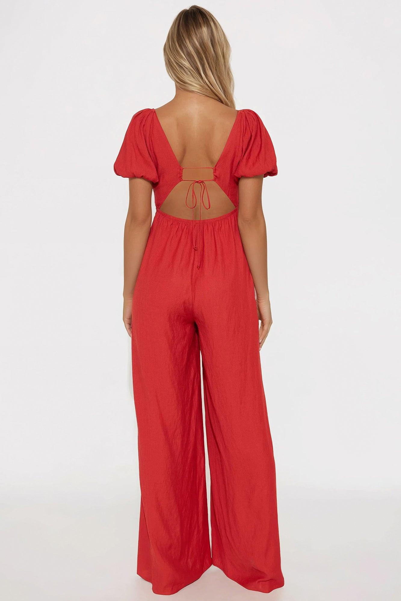 Prim Puff Sleeve Jumpsuit - Marsala Product Image