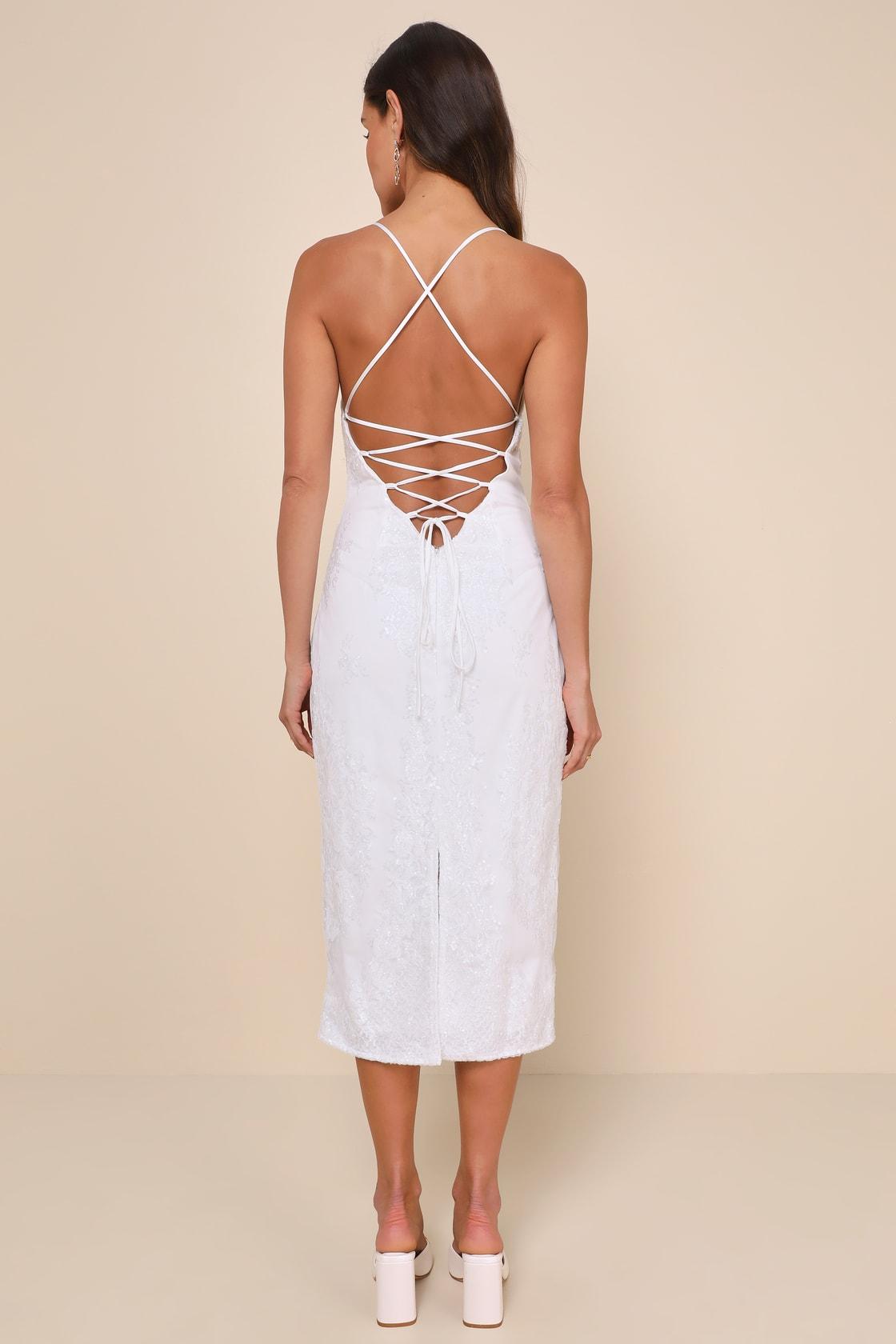 Celebratory Beauty White Mesh Embroidered Lace-Up Midi Dress Product Image
