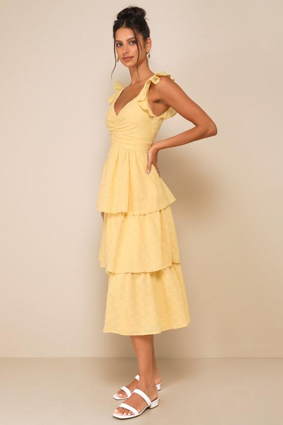 Charming Decision Yellow Swiss Dot Ruched Tiered Midi Dress Product Image