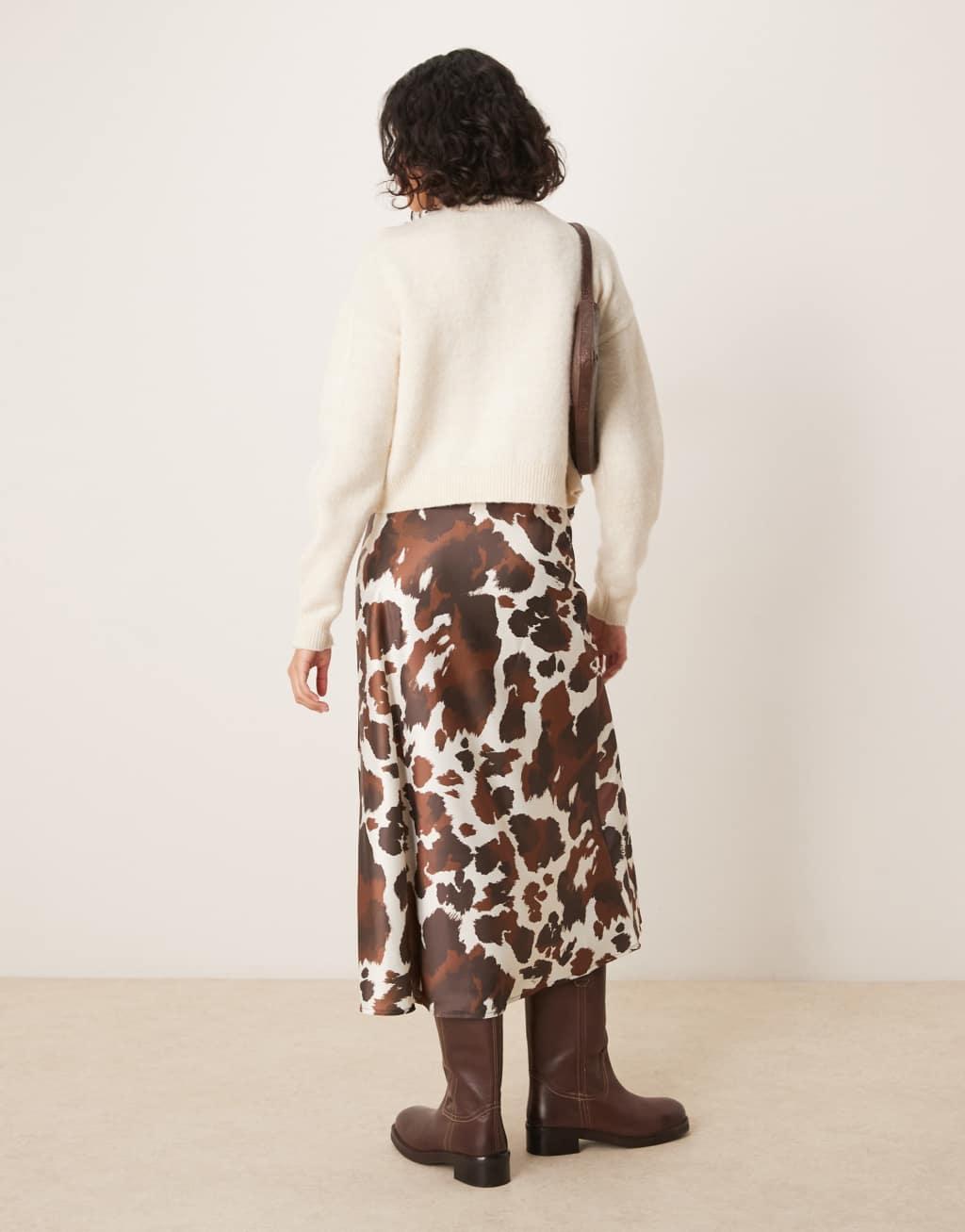 YAS satin midi skirt in brown cow print Product Image