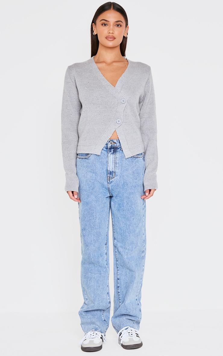 Grey Knit Asymmetric Button Cardigan Product Image