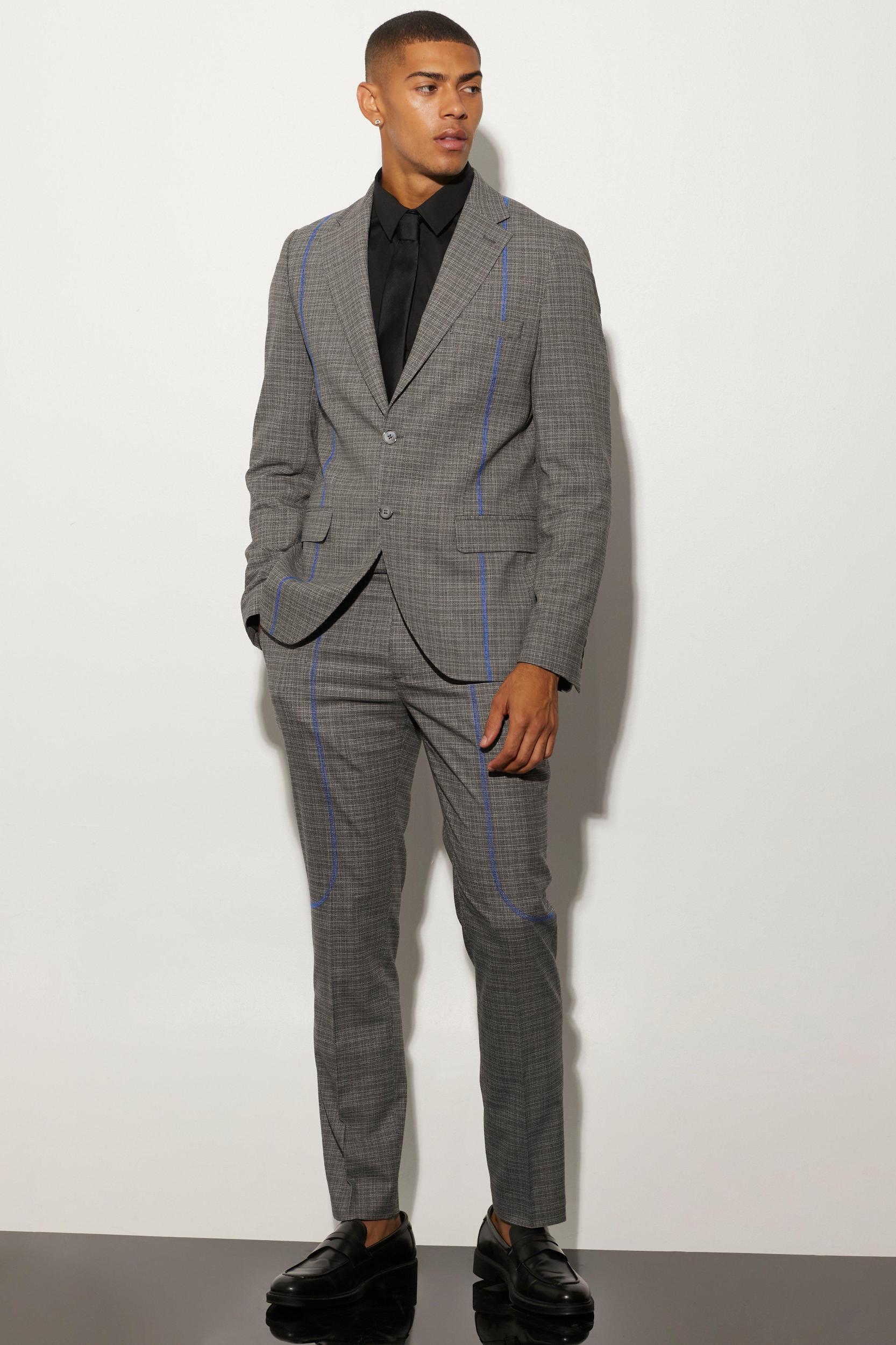 Slim Fit Plaid Contrast Stitch Suit Jacket | boohooMAN USA Product Image
