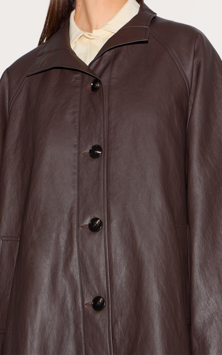 Brown Funnel Neck Faux Leather Trench Coat Product Image