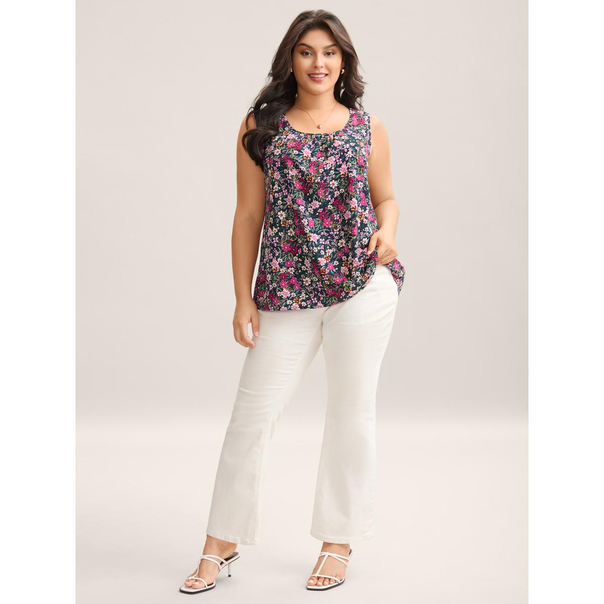 Plus Size Floral Print Pleated Neck Tank Top Women Midnight Timeless Gathered U-neck Elegant Tank Tops Camis BloomChic 30/6X Product Image