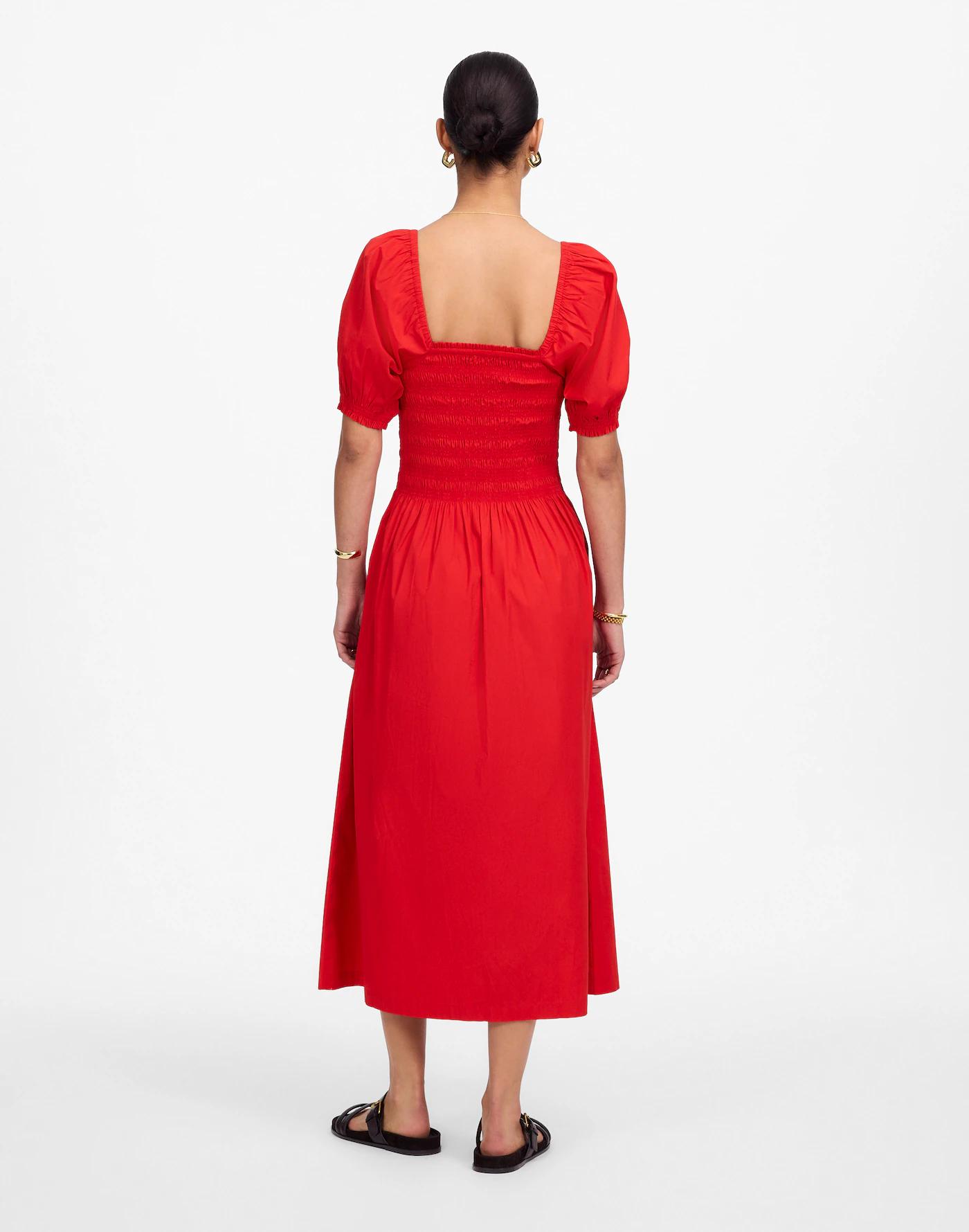 Smocked Puff Sleeve Midi Dress in Poplin Product Image