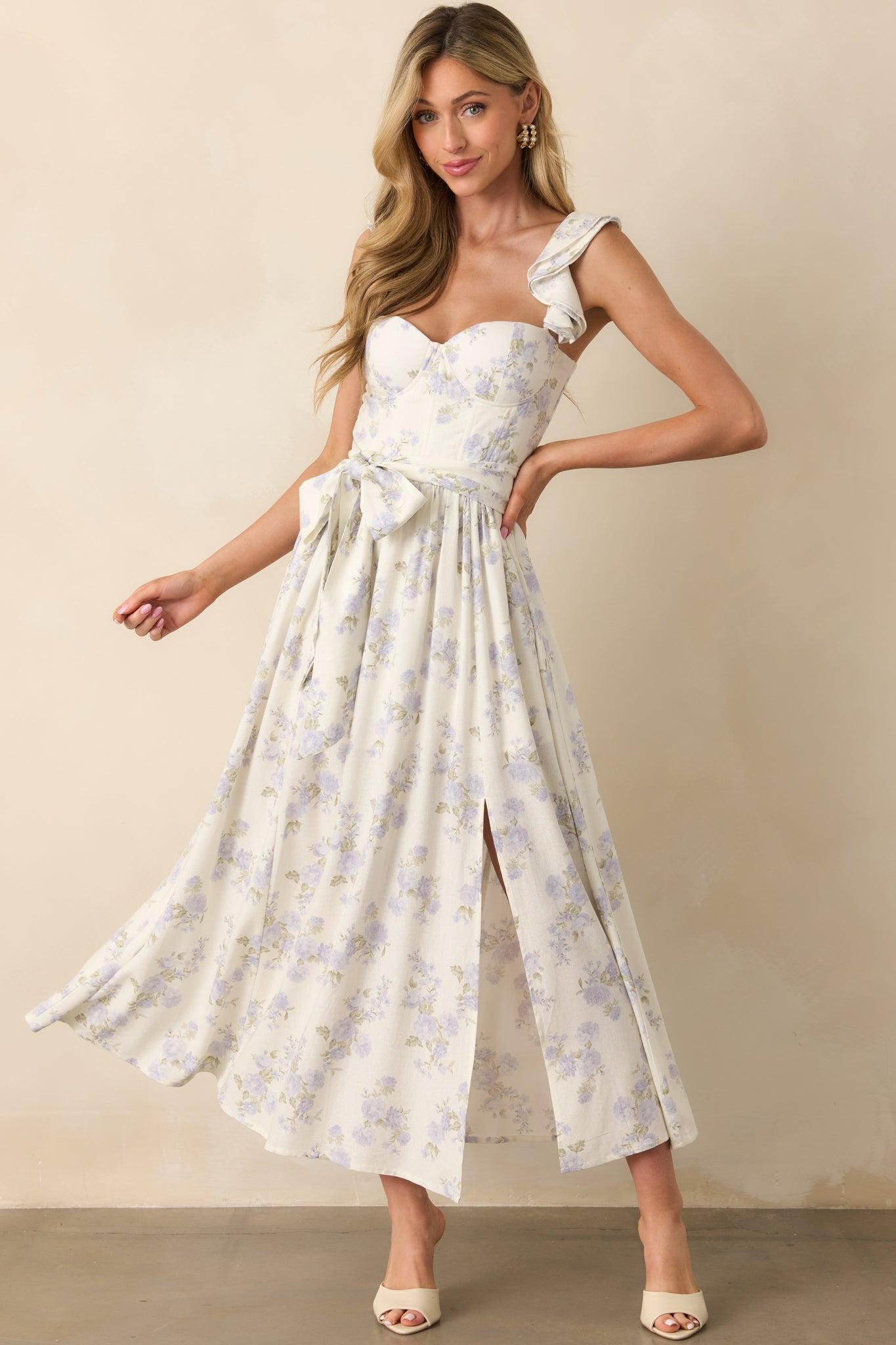 Aimee Lavender Floral Print Linen Blend Bustier Maxi Dress Product Image