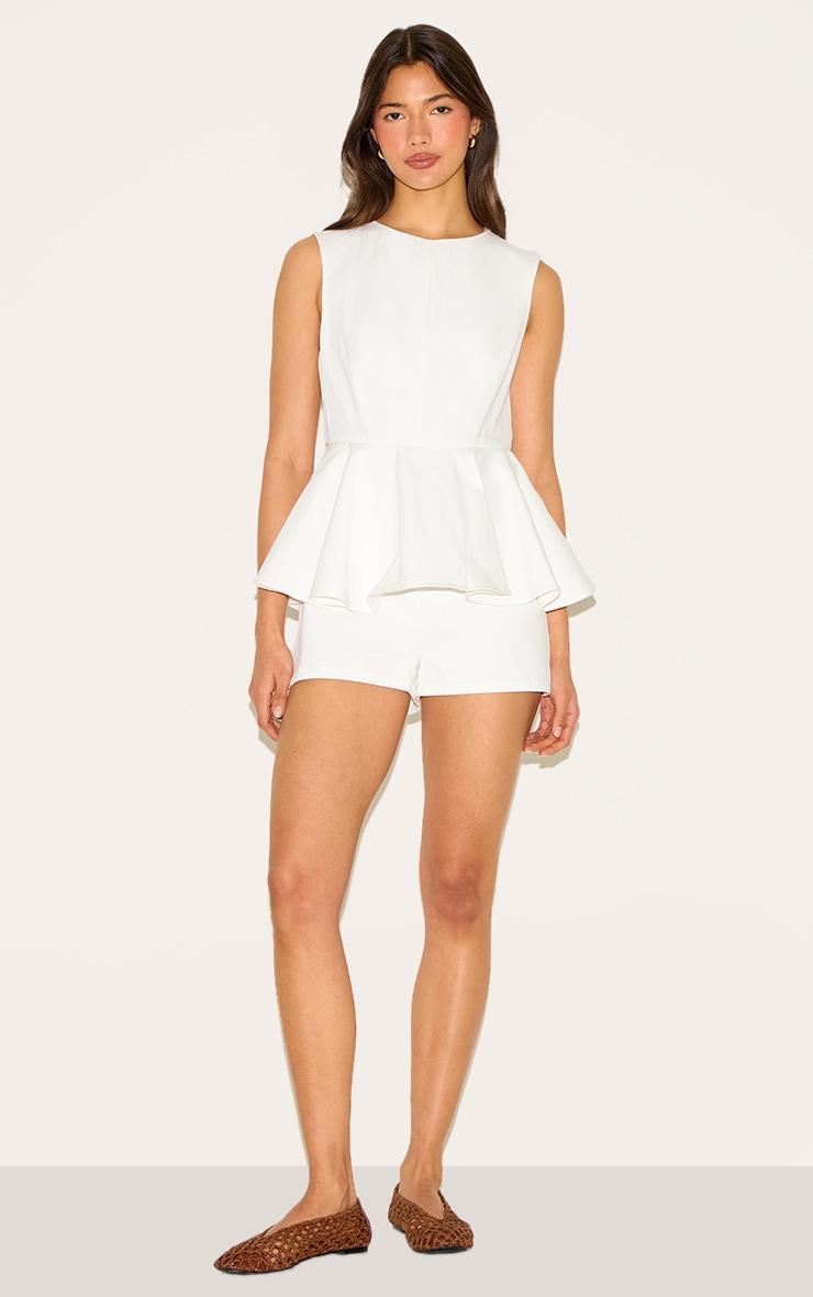 White Cotton Peplum Skort Romper Product Image