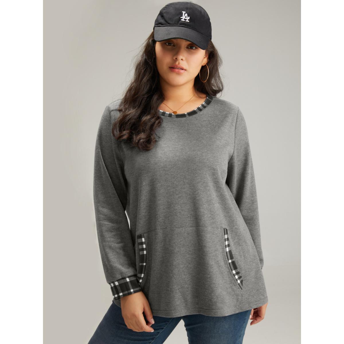 Plus Size Gingham Round Neck Pocket Patchwork Sweatshirt Women DimGray Casual Patchwork Round Neck Dailywear Sweatshirts BloomChic 26/4X Product Image