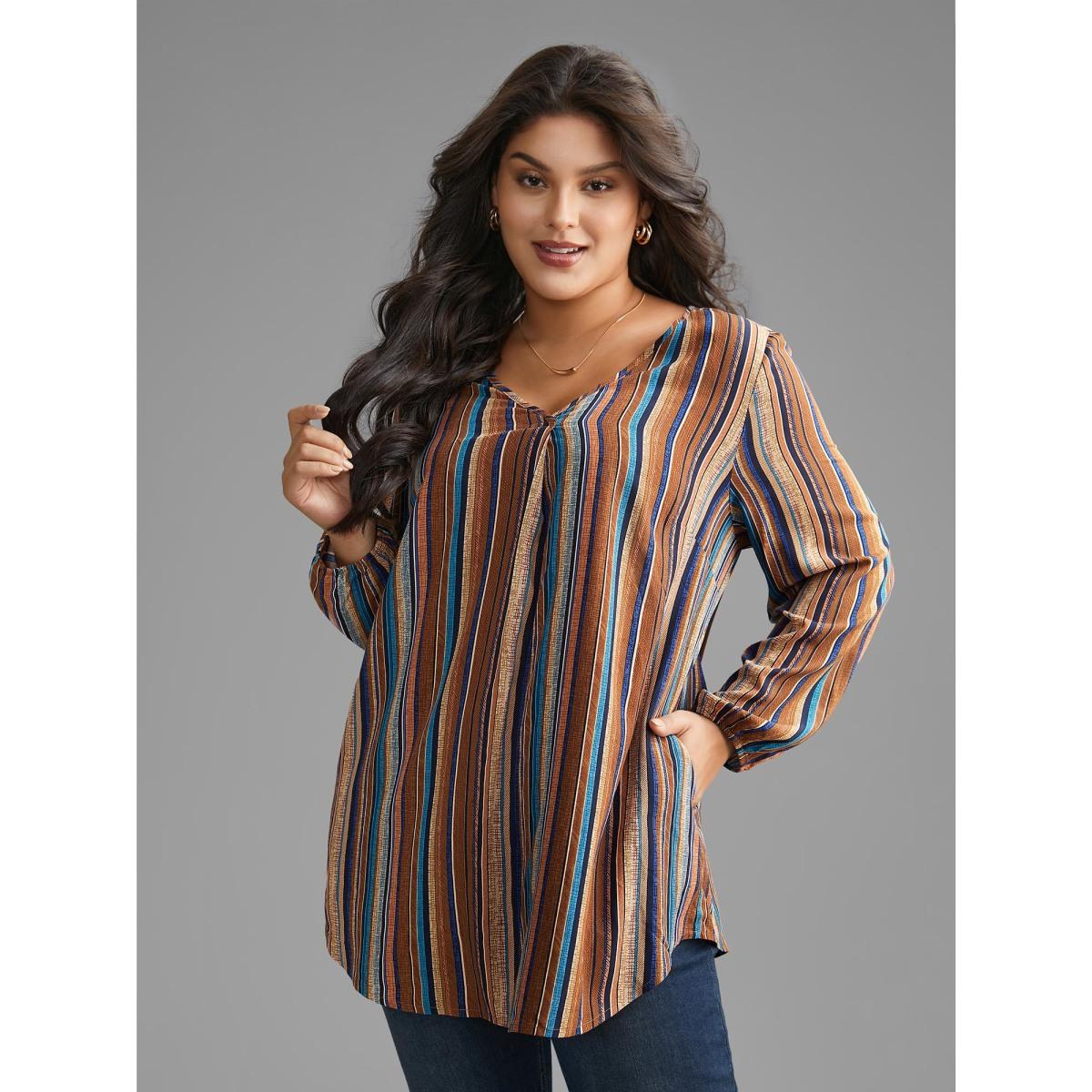 Plus Size Multicolor Contrast Striped Pocket Lantern Sleeve Blouse Women Elegant Extra Long Sleeve V-neck Everyday Blouses BloomChic 10/M Product Image