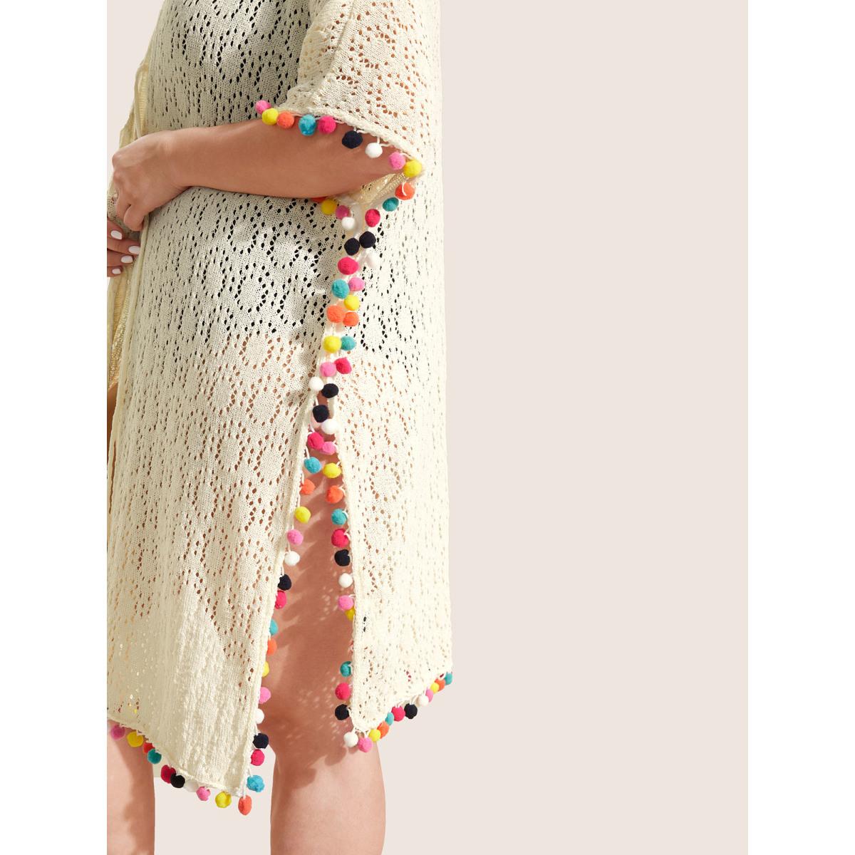 Plus Size Colored Fluffy Ball Trim Tie Knot Swim Cover Up Women's Swimwear Ivory Beach Loose Tie knot Curve Swim Cover Ups BloomChic 18-20/2X Product Image