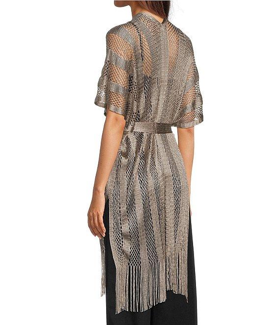 Vince Camuto Short Sleeve Mesh Net Fringe Tie Front Topper Product Image
