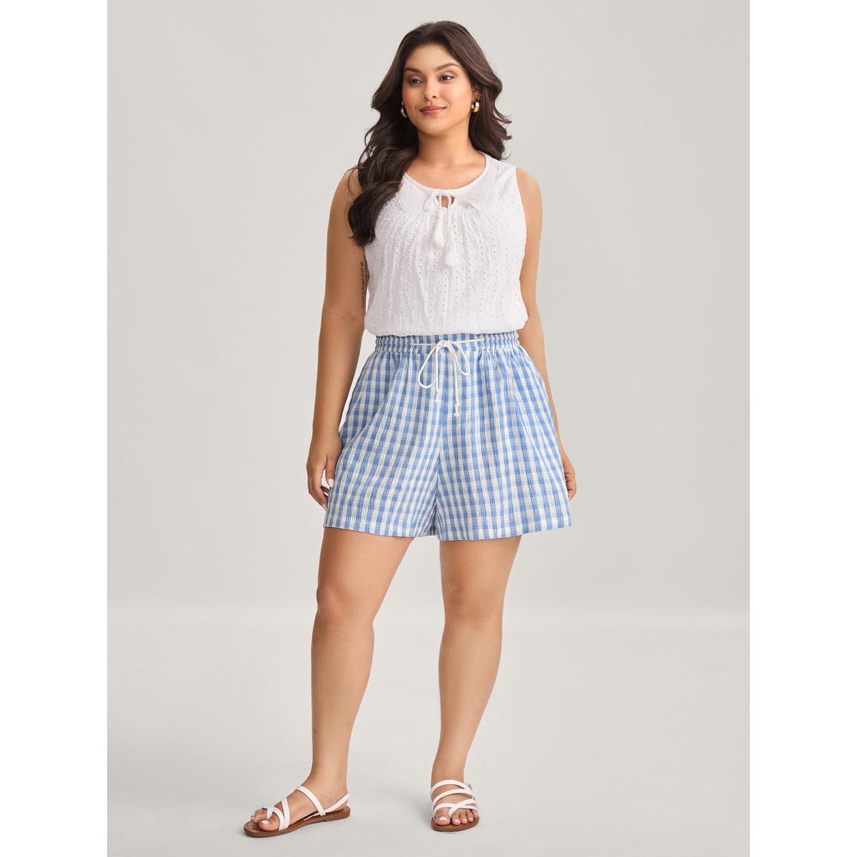 Plus Size Plaid Print Drawstring Wide-Leg Shorts Women LightBlue Casual Drawstring Wide Leg Everyday-Casual Shorts BloomChic 18-20/2X Product Image