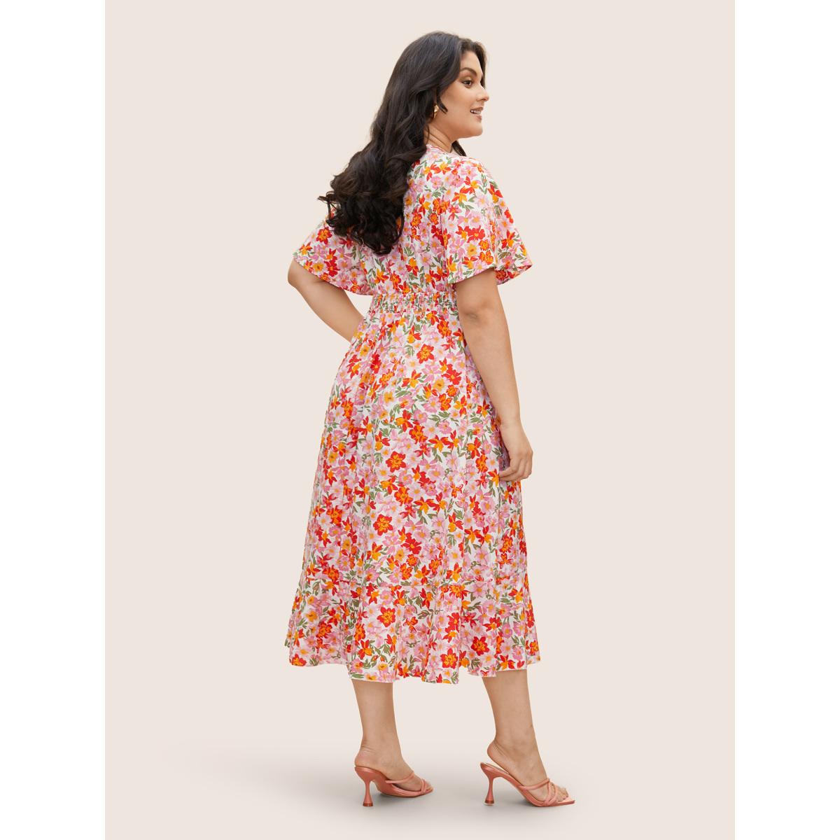 Plus Size Floral Shirred Wrap Hem Ruffle Sleeve Midi Dress Blush Women Elegant Shirred Overlap Collar Short sleeve Curvy BloomChic 26/4X Product Image
