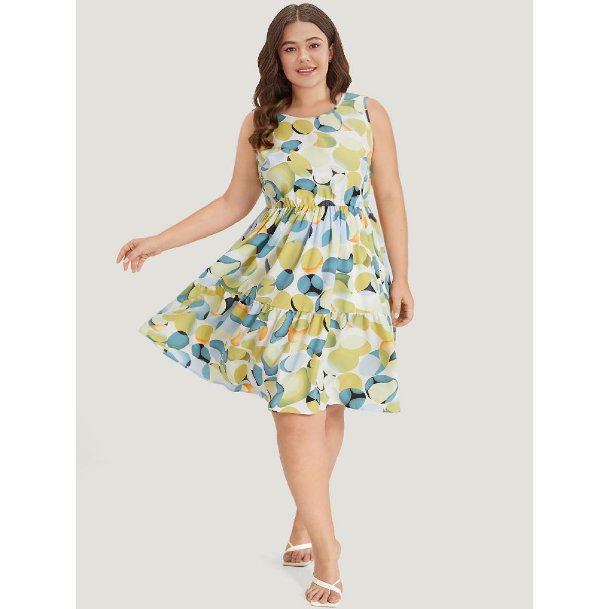 Plus Size Geometric Print Pocket Ruffle Layered Hem Sleeveless Dress YellowGreen Women Elegant Lined Round Neck Sleeveless Curvy Knee Dress BloomChic 14-16/1X Product Image