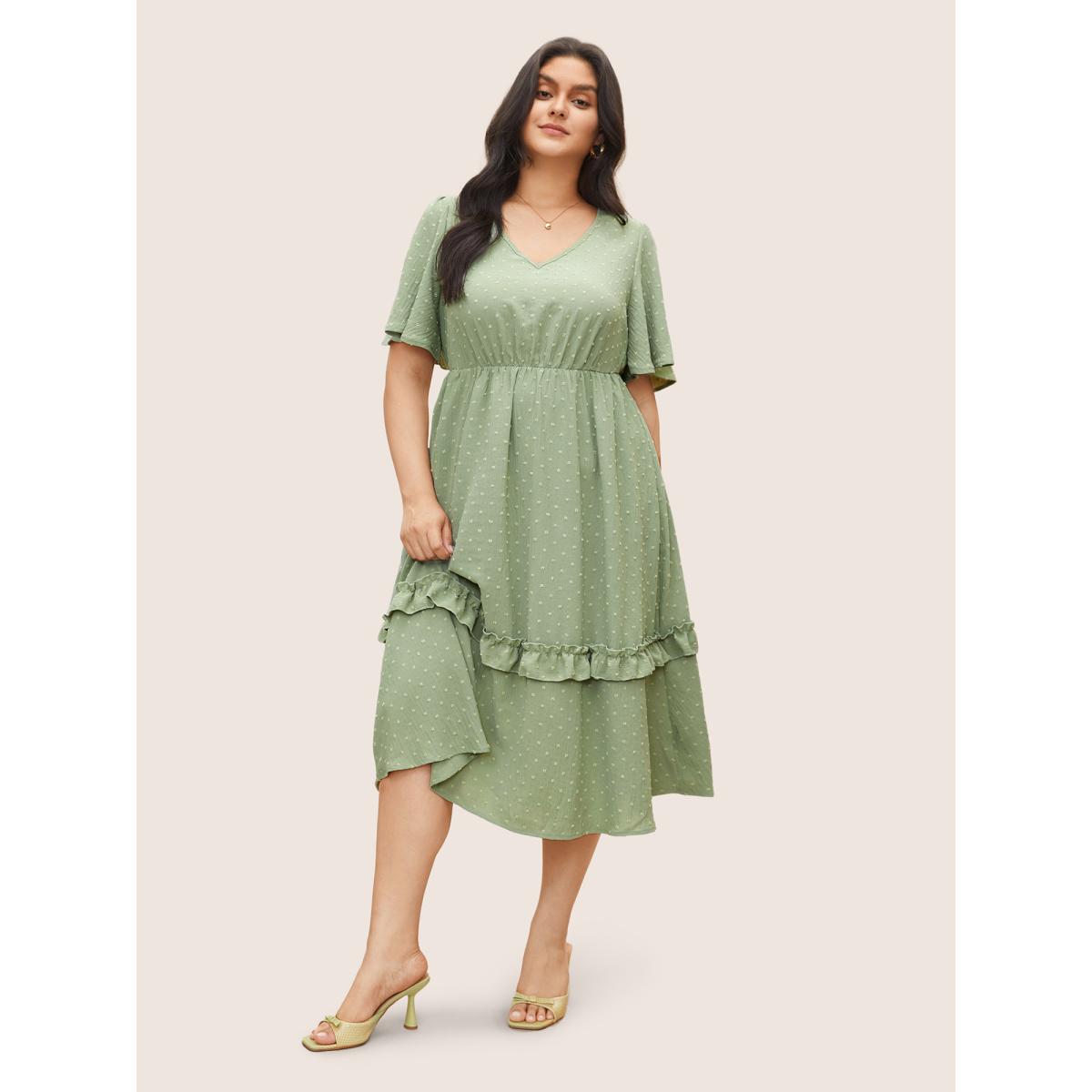 Polka Dot Shirred Plus Size Women Elegance Dress Plain Pocket Ruffle Sleeve Short Sleeve V Neck Pocket Dailywear Midi Dress BloomChic Product Image