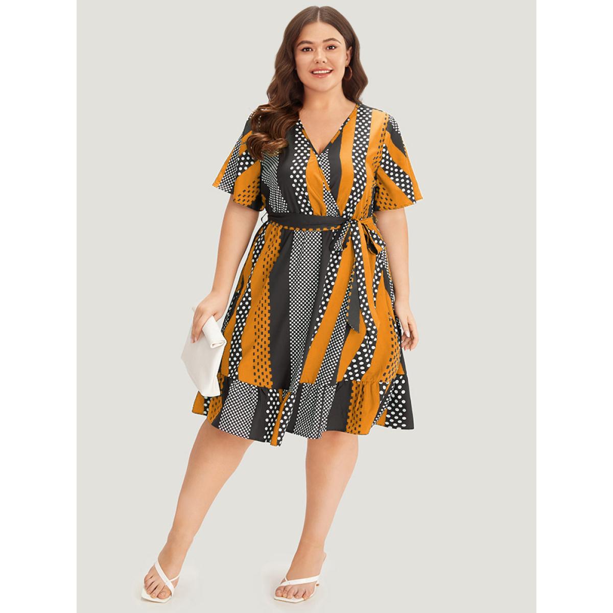 Plus Size Striped & Polka Dot Graphic Pocket Ruffle Wrap Dress Orange Women Office Wrap V-neck Short sleeve Curvy Knee Dress BloomChic 14-16/1X Product Image