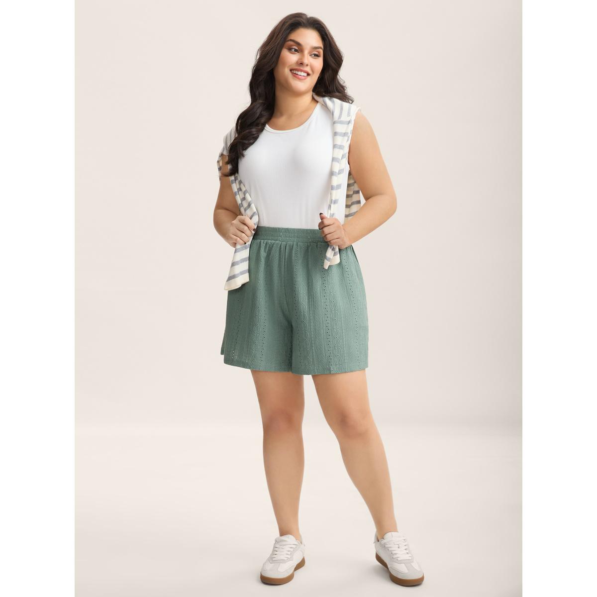 Plus Size Eyelet Trim Textured Breezy Shorts Women Greenbean Casual Texture Straight Leg Casual Shorts BloomChic 22-24/3X Product Image