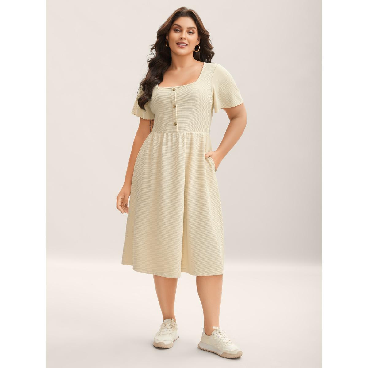 Plus Size Waffle Button Detail Round Neck Midi Dress Apricot Women Elegant Texture Square Neck Short sleeve Curvy BloomChic 14-16/1X Product Image