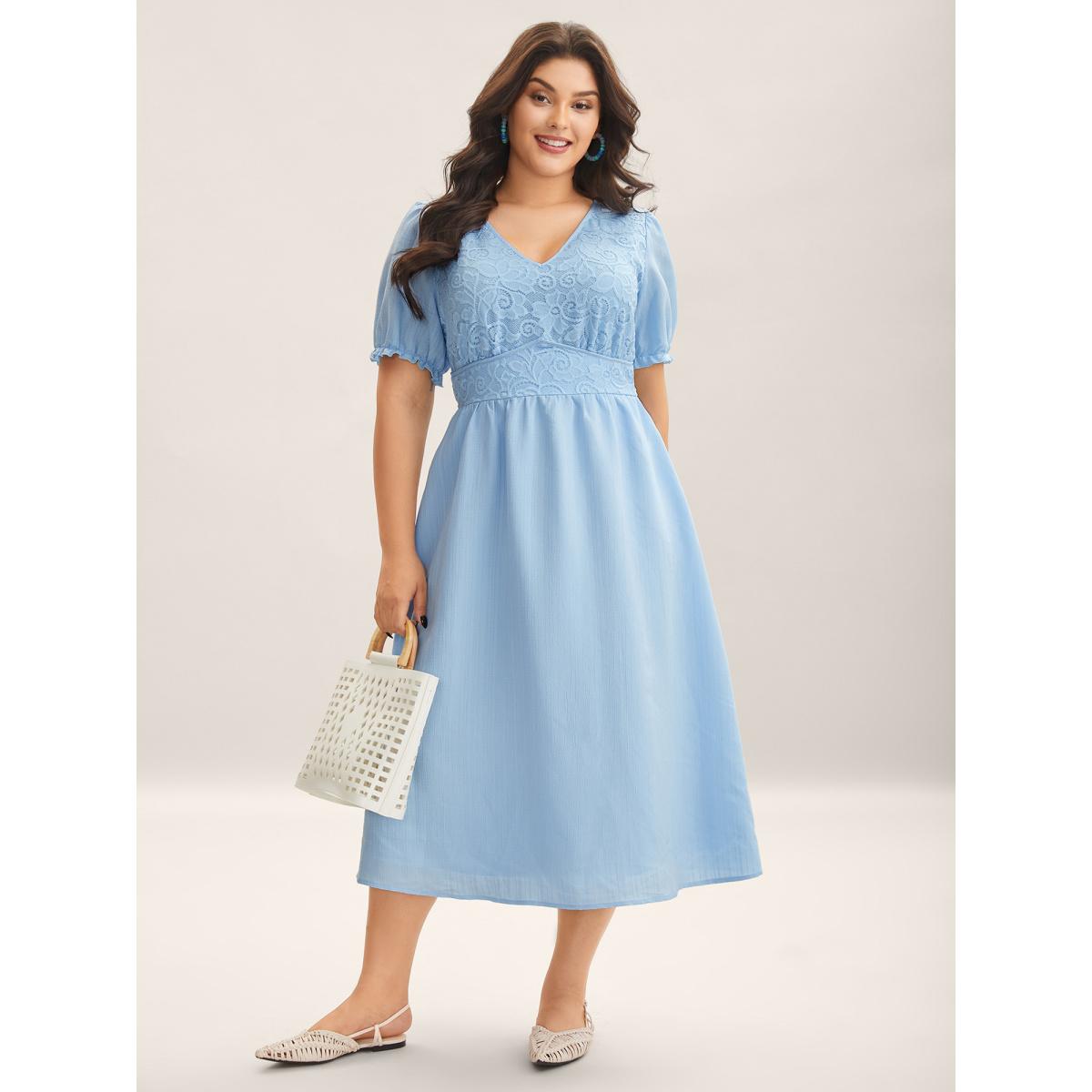 Plus Size V Neck Textured Lace Midi Dress LightBlue Women V-neck Short sleeve Curvy BloomChic 14-16/1X Product Image