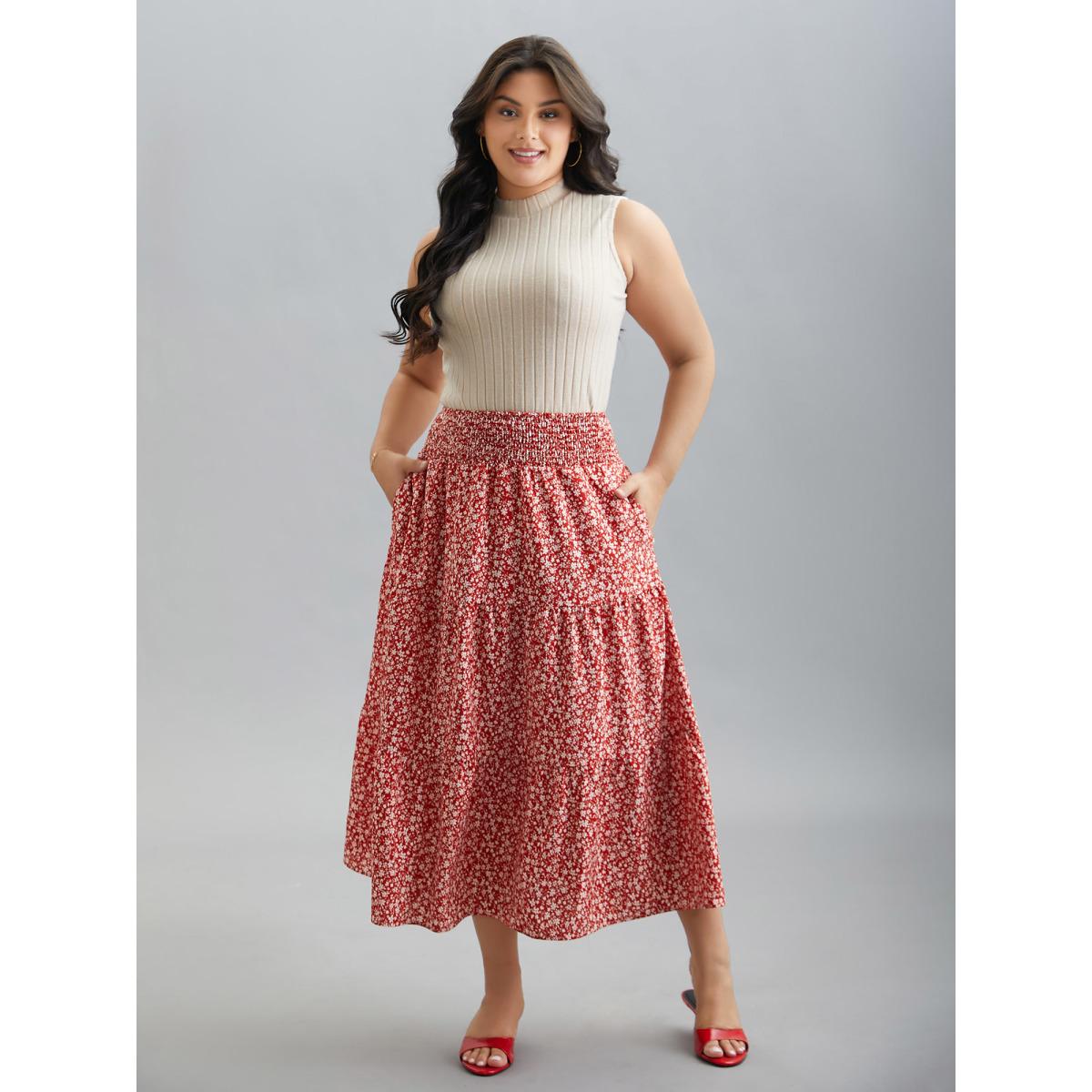 Plus Size Romantic Floral Waist Shirred Midi Skirt Women Crimson Timeless Shirred No stretch Side seam pocket Elegant Skirts BloomChic 28/5X Product Image