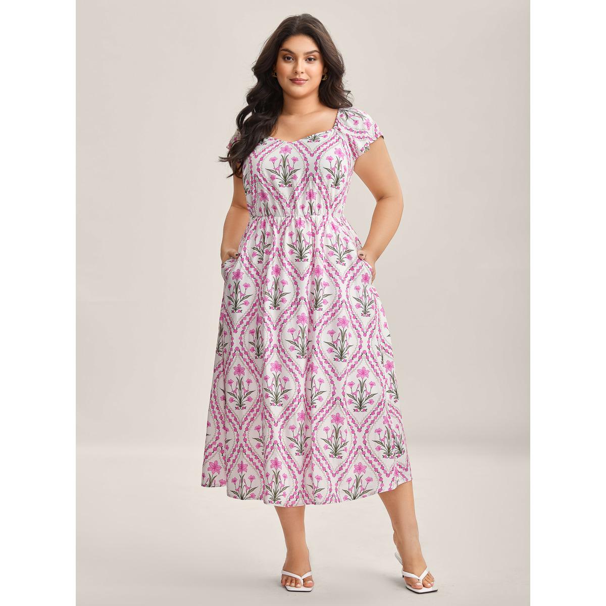 Plus Size Floral Print Pockets Midi Dress Lilac Women Heart neckline Cap Sleeve Curvy BloomChic 28/5X Product Image