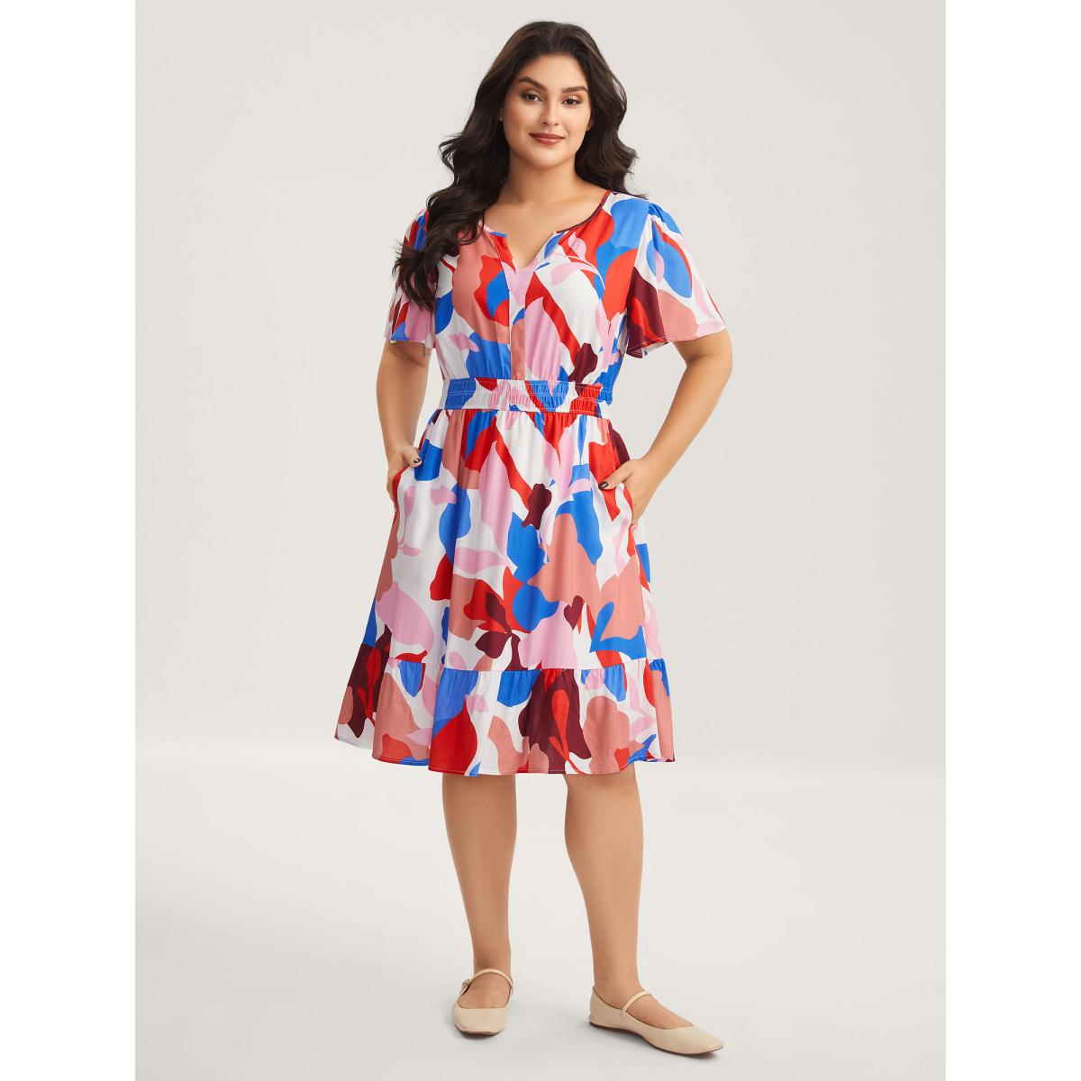 Plus Size Color Block Stretchy Notched Midi Dress Multicolor Women Flat collar with V-notch Cap Sleeve Curvy BloomChic 28/5X Product Image