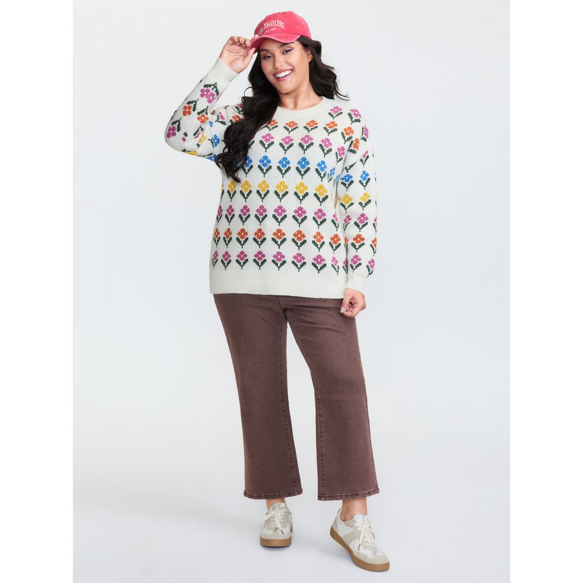 Plus Size Multicolor Jacquard Pattern Pullover Ivory Women Playful Loose Long Sleeve Round Neck Casual Pullovers BloomChic 12/L Product Image