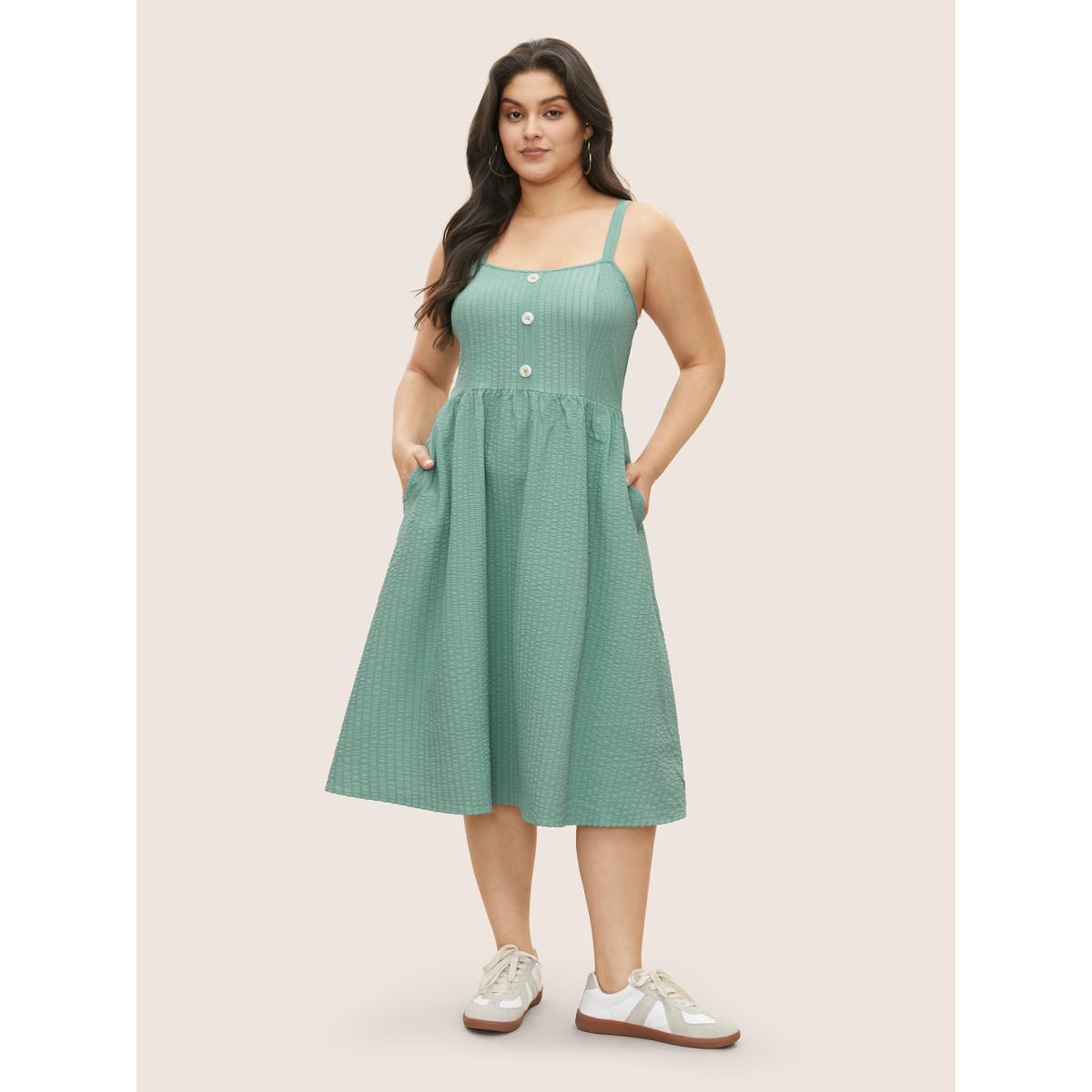 Plus Size Plain Texture Button Detail Cami Dress Teal Women Casual Texture Non Sleeveless Curvy Midi Dress BloomChic 12/L Product Image