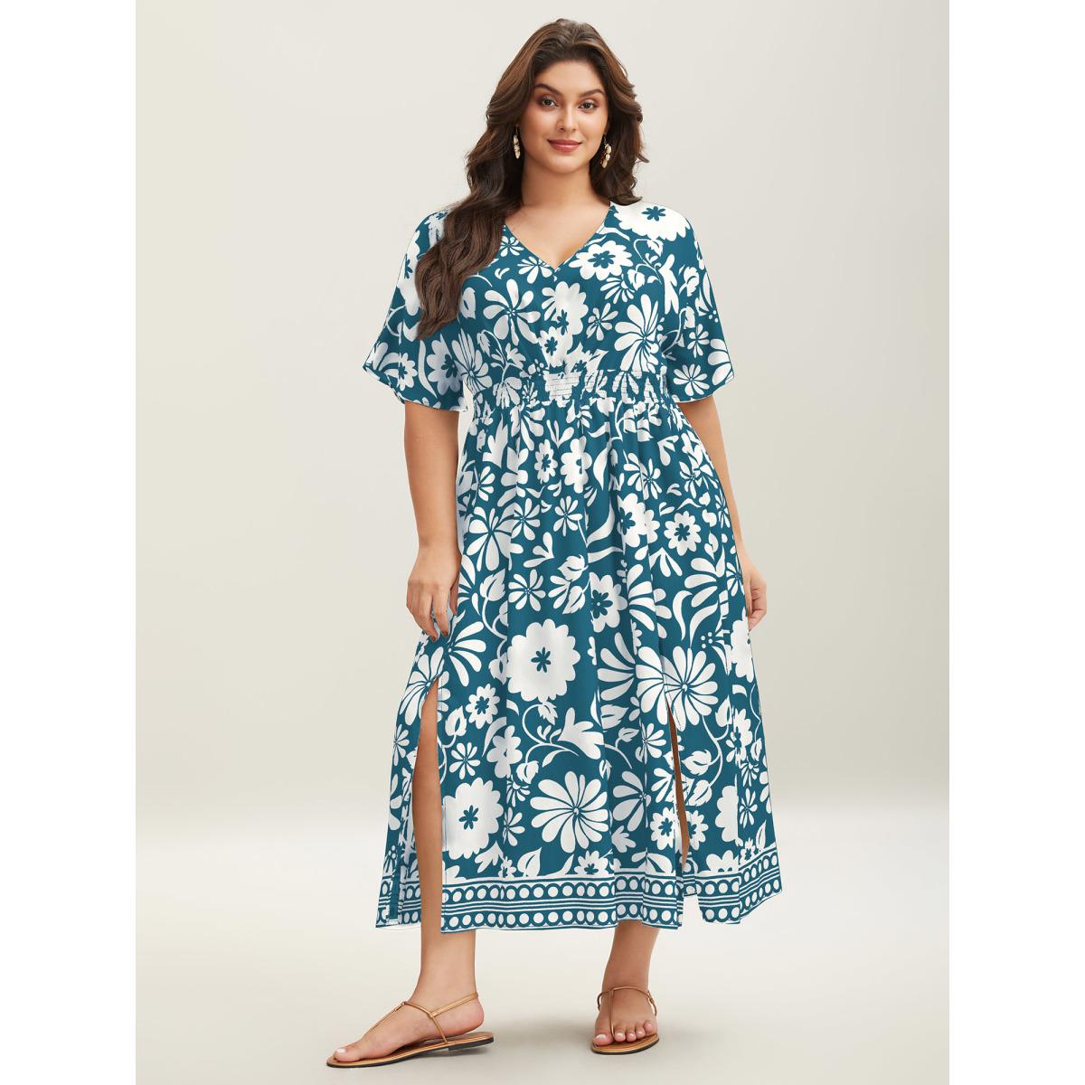 Plus Size Large Floral Print Pockets Midi Dress DarkGreen Women Resort Slit V-neck Short sleeve Curvy BloomChic 10/M Product Image