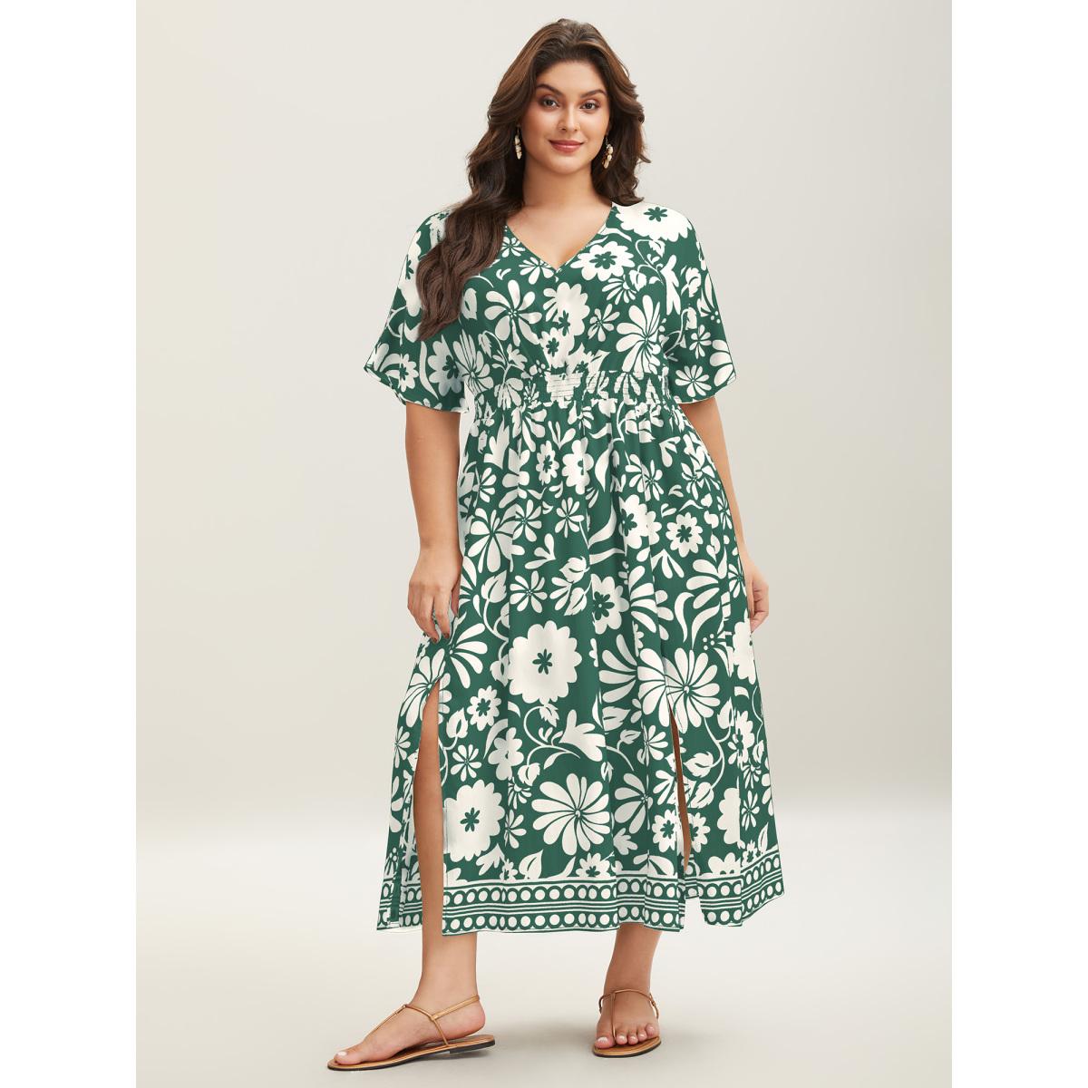 Plus Size Large Floral Print Pockets Midi Dress DarkGreen Women Resort Slit V-neck Short sleeve Curvy BloomChic 10/M Product Image