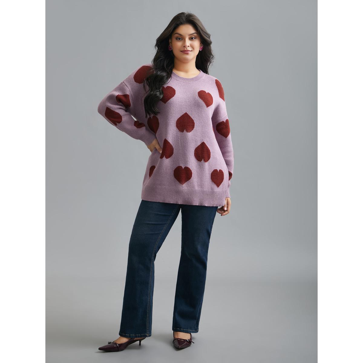 Plus Size Round Neck Contrast Heart Jacquard Pullover Lilac Women Casual Loose Long Sleeve Round Neck Everyday Pullovers BloomChic 30/6X Product Image