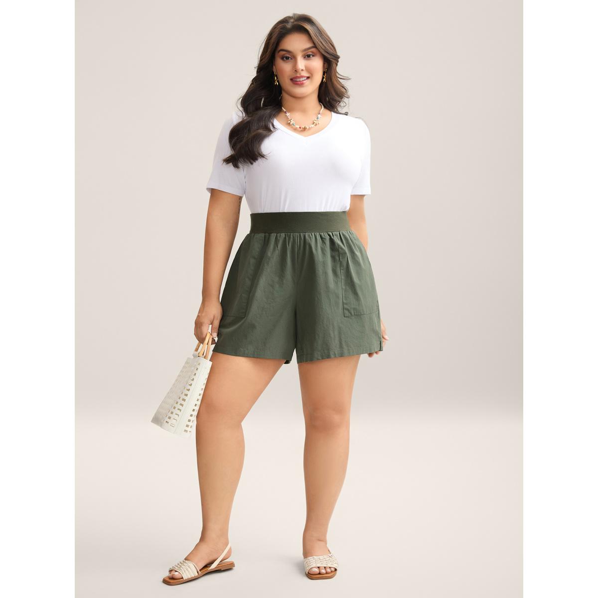 Plus Size Cotton Wide Waist Plain Shorts Women ArmyGreen Resort Slit Straight Leg Vacation Shorts BloomChic 26/4X Product Image