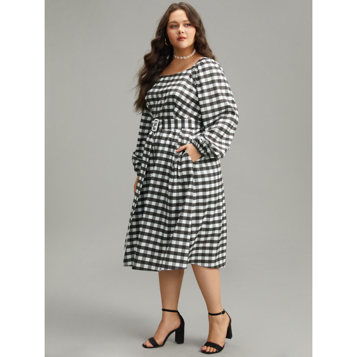 Plus Size Halloween Plaid Print Belted Square Neck Lantern Sleeve Dress Black Women Elegant Elastic cuffs Square Neck Long Sleeve Curvy Midi Dress BloomChic 26/4X Product Image