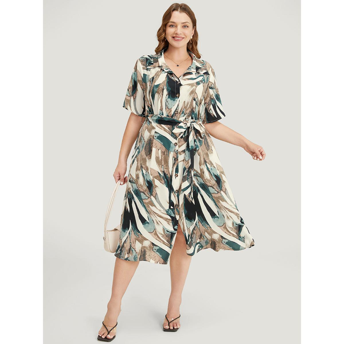 Plus Size Allover Print Pocket Button Up Belted Shirt Collar Dress Multicolor Women Office Contrast Shirt collar Short sleeve Curvy Midi Dress BloomChic 28/5X Product Image