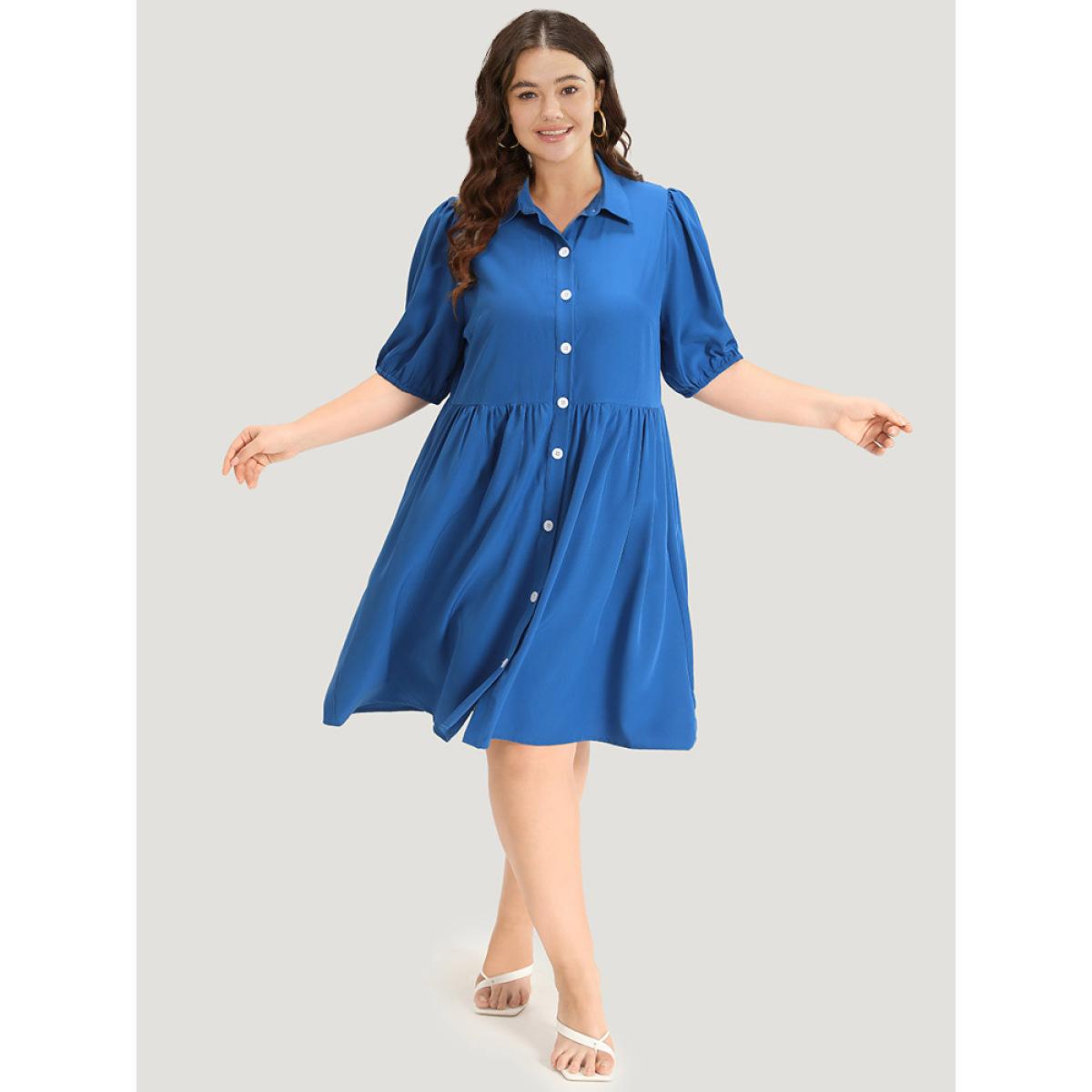 Plus Size Plain Shirt Collar Button Through Gathered Lantern Sleeve Dress Blue Women Elegant Elastic cuffs Shirt collar Half Sleeve Curvy Knee Dress BloomChic 18-20/2X Product Image
