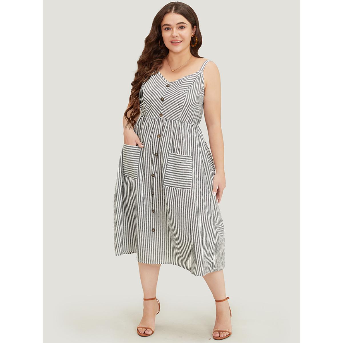 Plus Size Striped Geometric Pocket Button Detail Cami Dress Black Women Vacation Adjustable Straps Spaghetti Strap Sleeveless Curvy Midi Dress BloomChic 28/5X Product Image