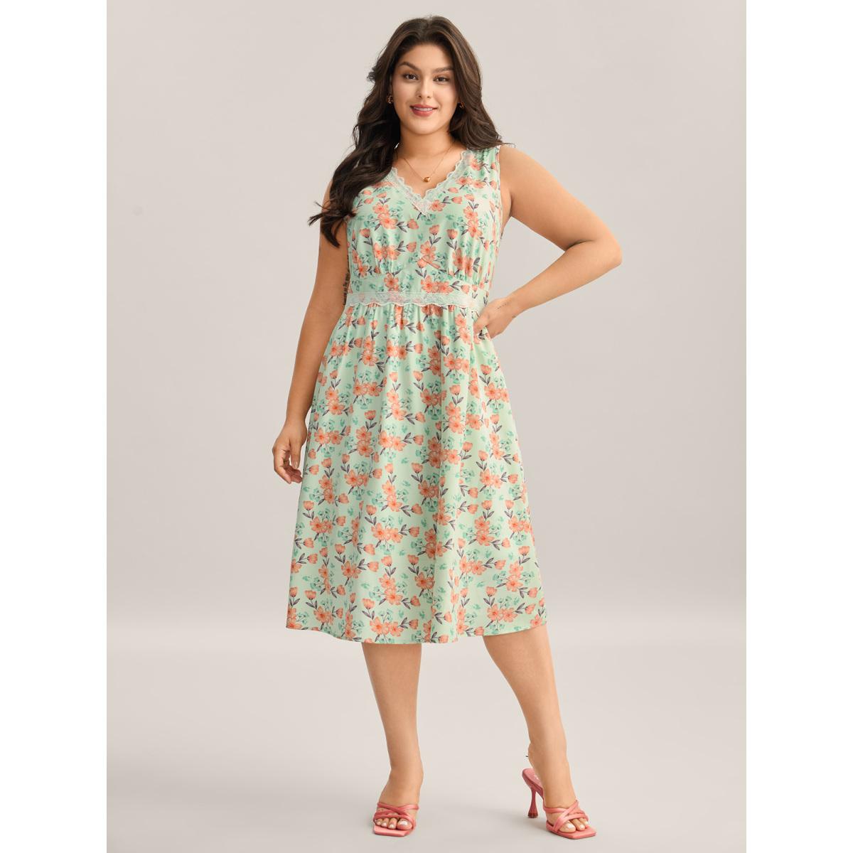 Plus Size Breezy Floral Print Lace Trim Midi Dress LightGreen Women V-neck Sleeveless Curvy BloomChic 30/6X Product Image