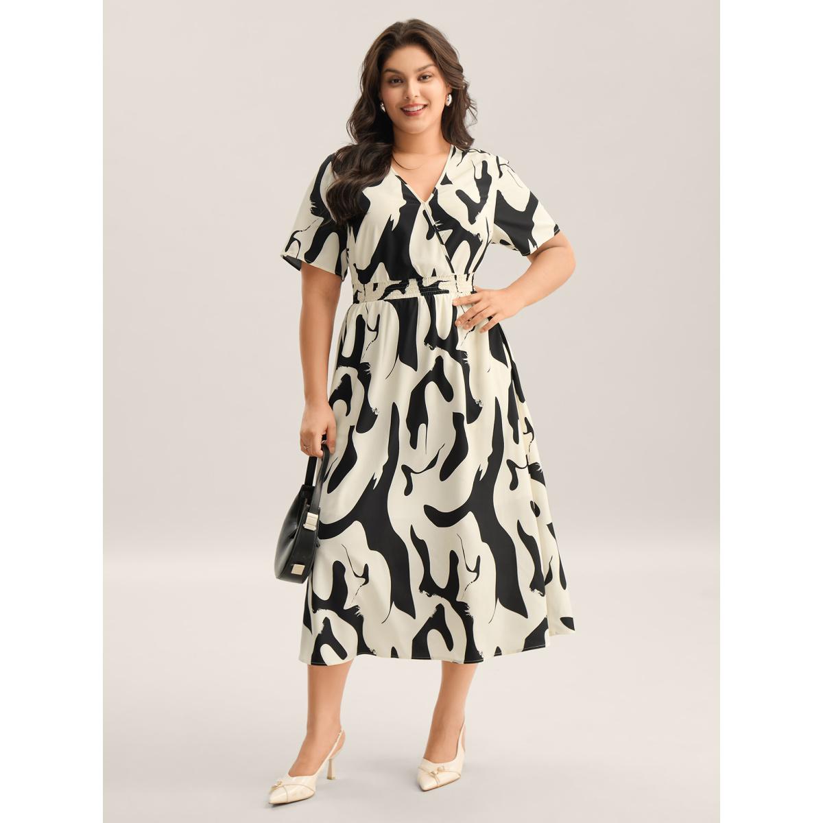 Plus Size Geometric Print Surplice Neck Midi Dress Black Women Overlap Collar Short sleeve Curvy BloomChic 10/M Product Image