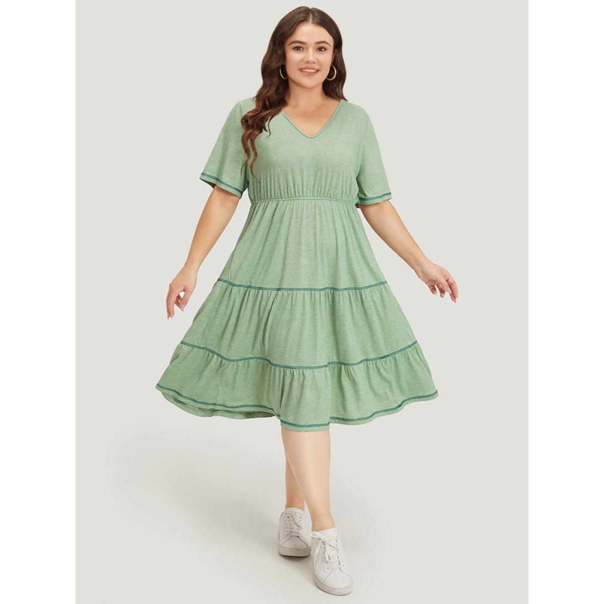 Plus Size Supersoft Essentials Contrast Layered Elastic Waist A Line Dress Mint Women Casual Contrast V-neck Short sleeve Curvy Midi Dress BloomChic 14-16/1X Product Image