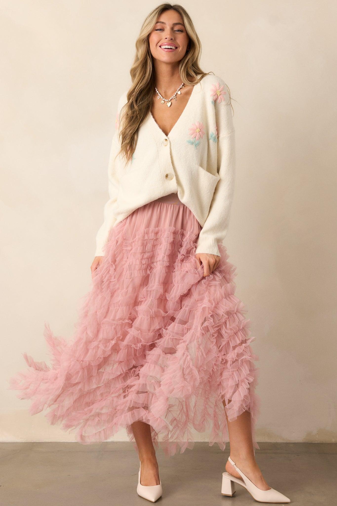 Shopping Spree Rose Tulle Midi Skirt Product Image