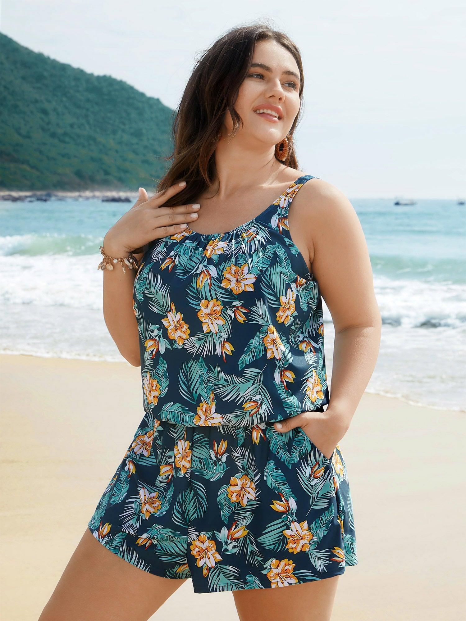 Tropical Flower Print Pockets One-Piece Swimsuit Female Product Image
