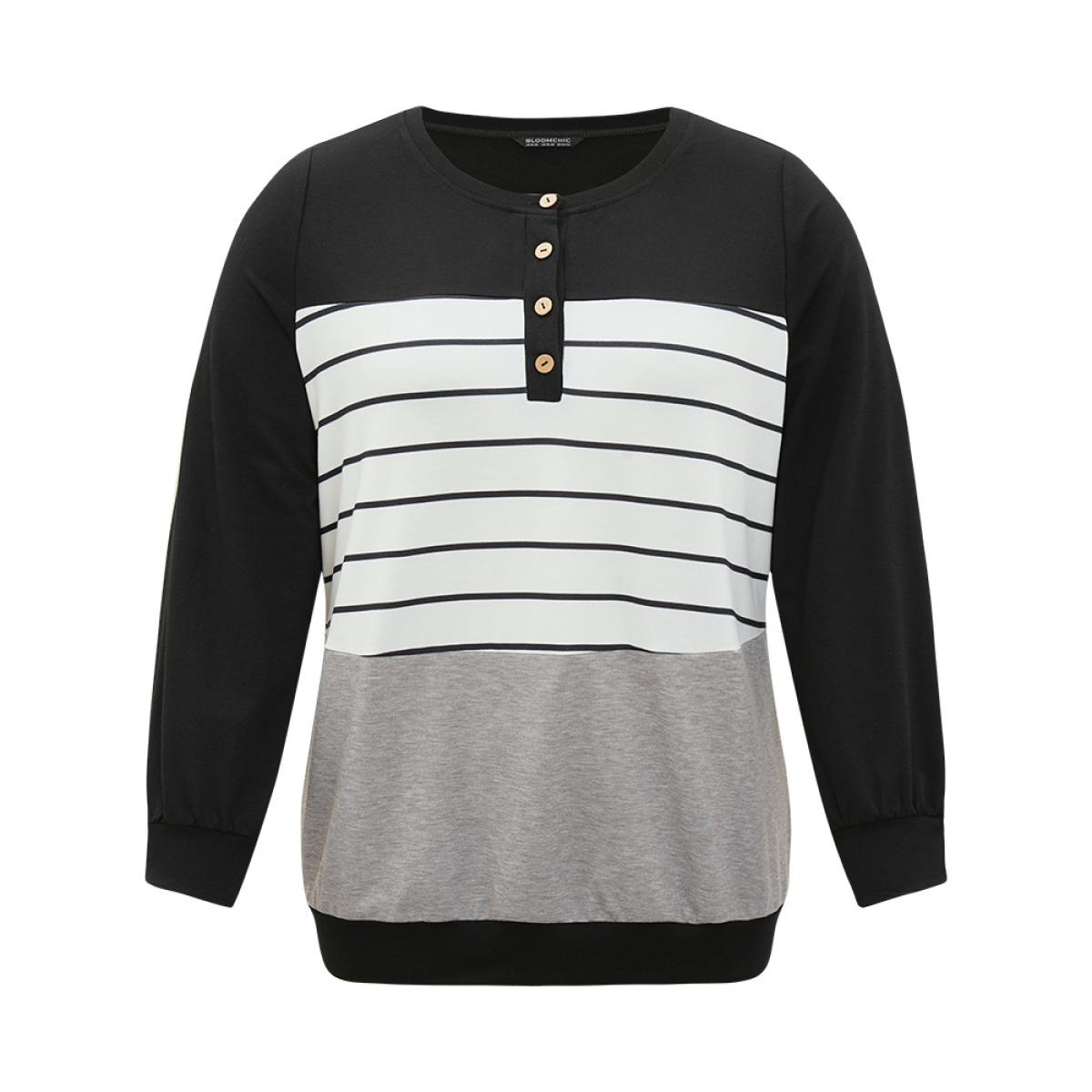 Plus Size Striped Contrast Button Up Elastic cuffs Sweatshirt Women Multicolor Casual Elastic cuffs Open Front Dailywear Sweatshirts BloomChic 28/5X Product Image