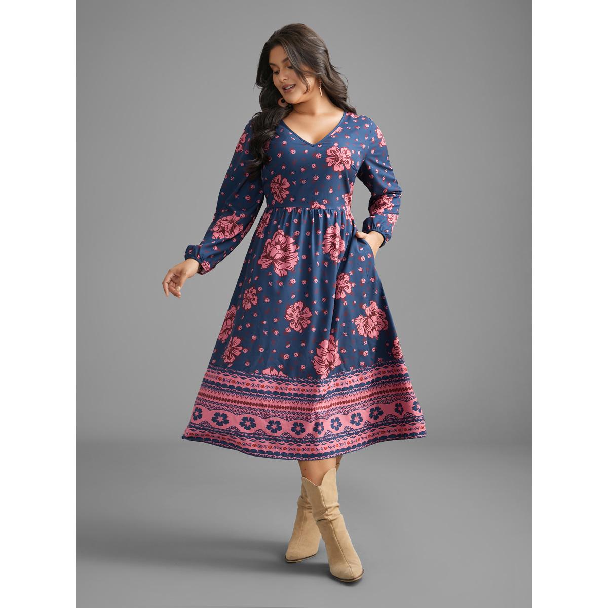 Plus Size Boho Print V Neck Elastic Waist Dress Midnight Women Resort Non V-neck Long Sleeve Curvy BloomChic 26/4X Product Image