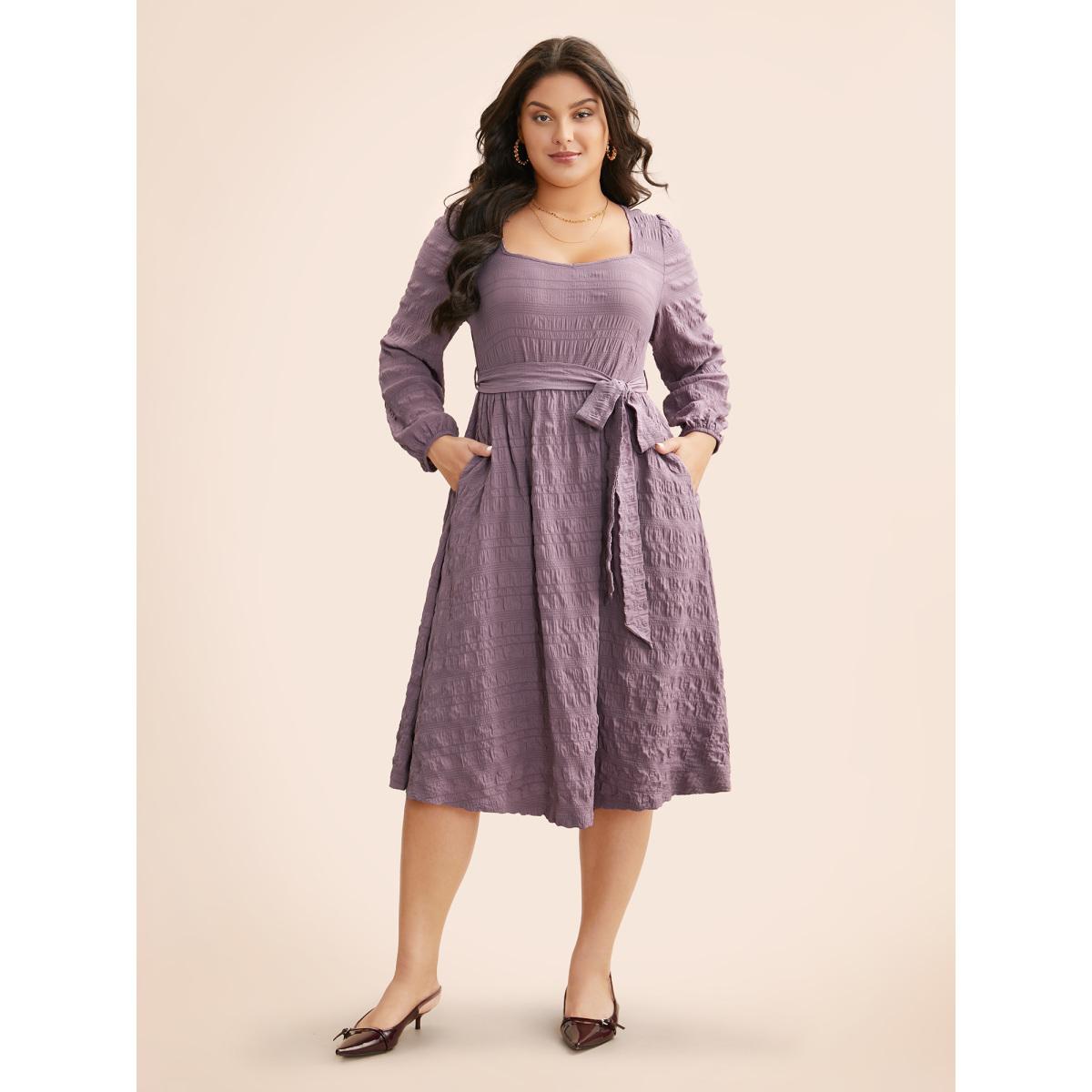 Plus Size Square Neck Plain Textured Belted Dress Mauve Women Elegant Texture Square Neck Long Sleeve Curvy BloomChic 12/L Product Image